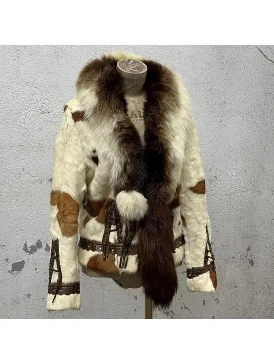Vintage Y2K Cow-Print Rabbit & Fox Fur Jacket - Picture 2 of 8